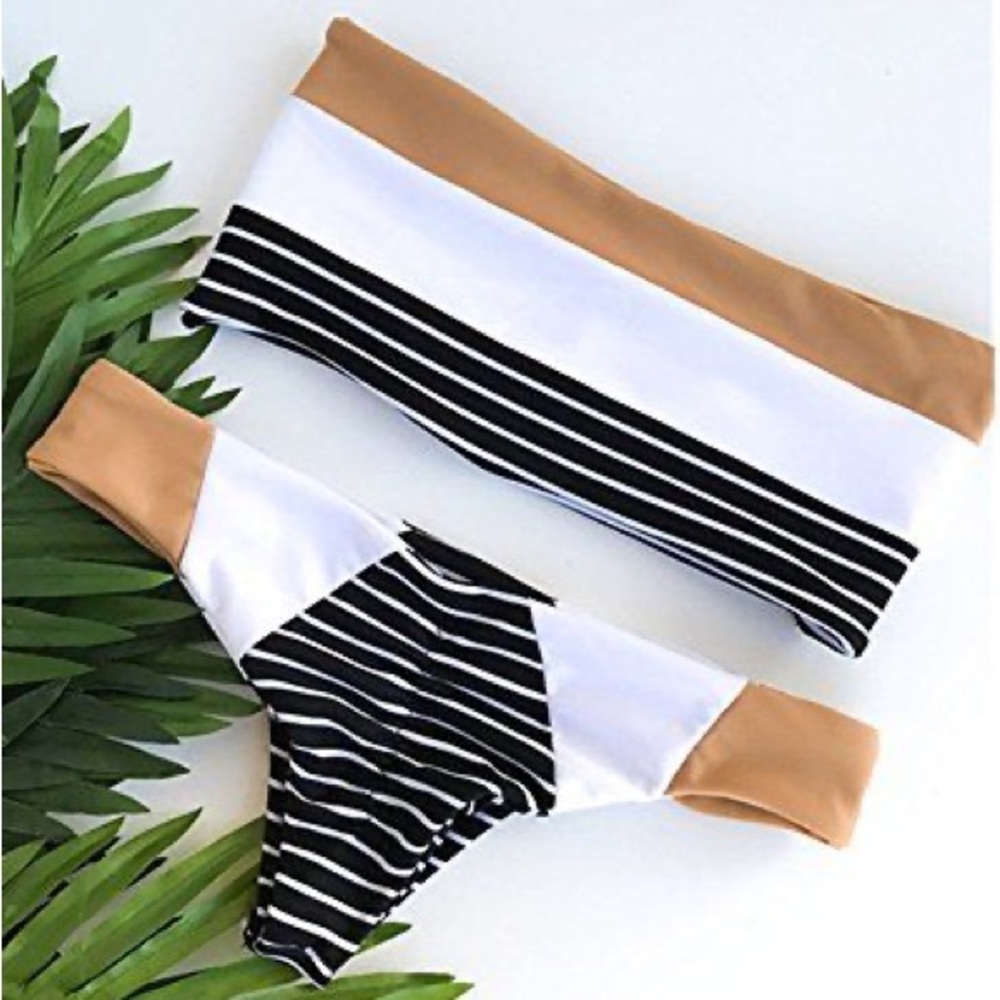 Striped White and Tan Bikini Set